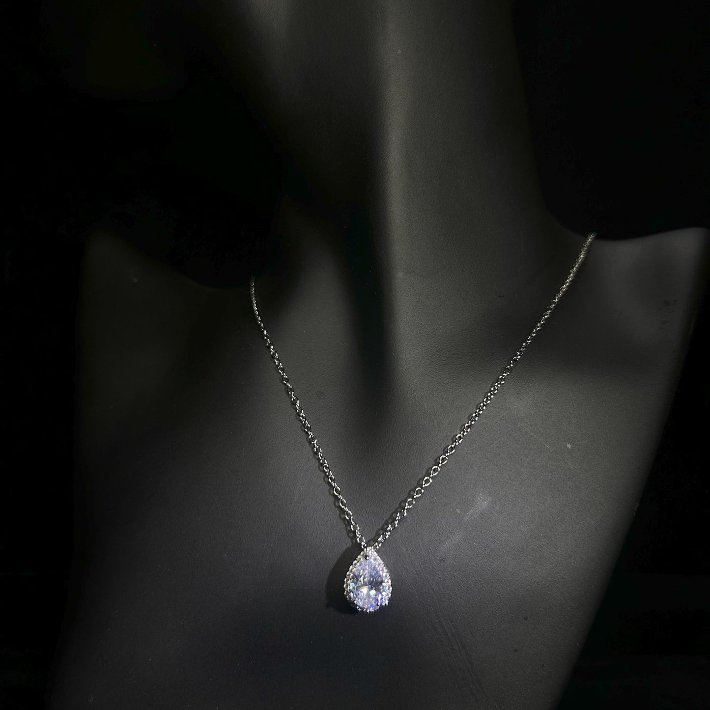 Pear Shaped Halo Cubic Zirconia Silver Plated Necklace