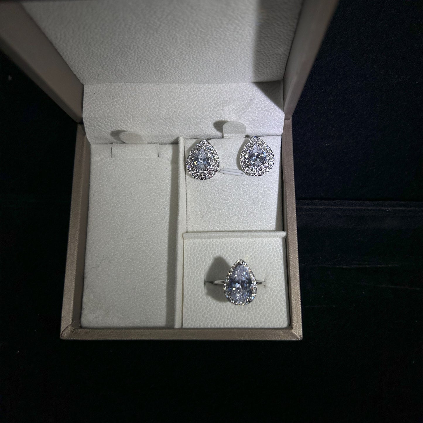 Pear Shaped Studded Halo Cubic Zirconia Silver Plated Set