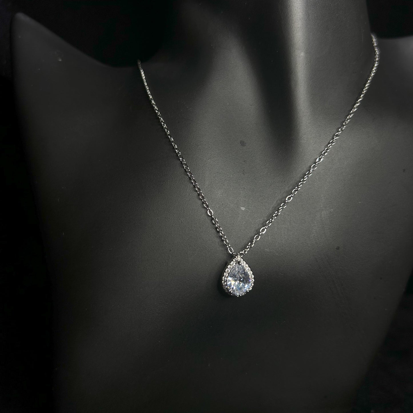 Pear Shaped Halo Cubic Zirconia Silver Plated Necklace