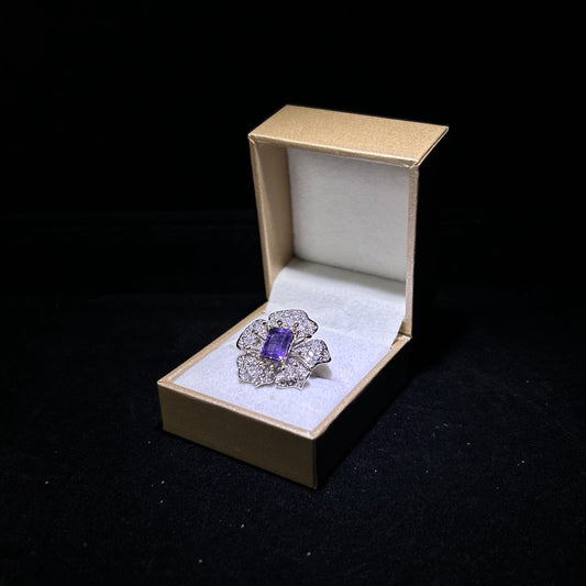 Emerald Amethyst Flower Cubic Zirconia Silver Plated Adjustable Ring