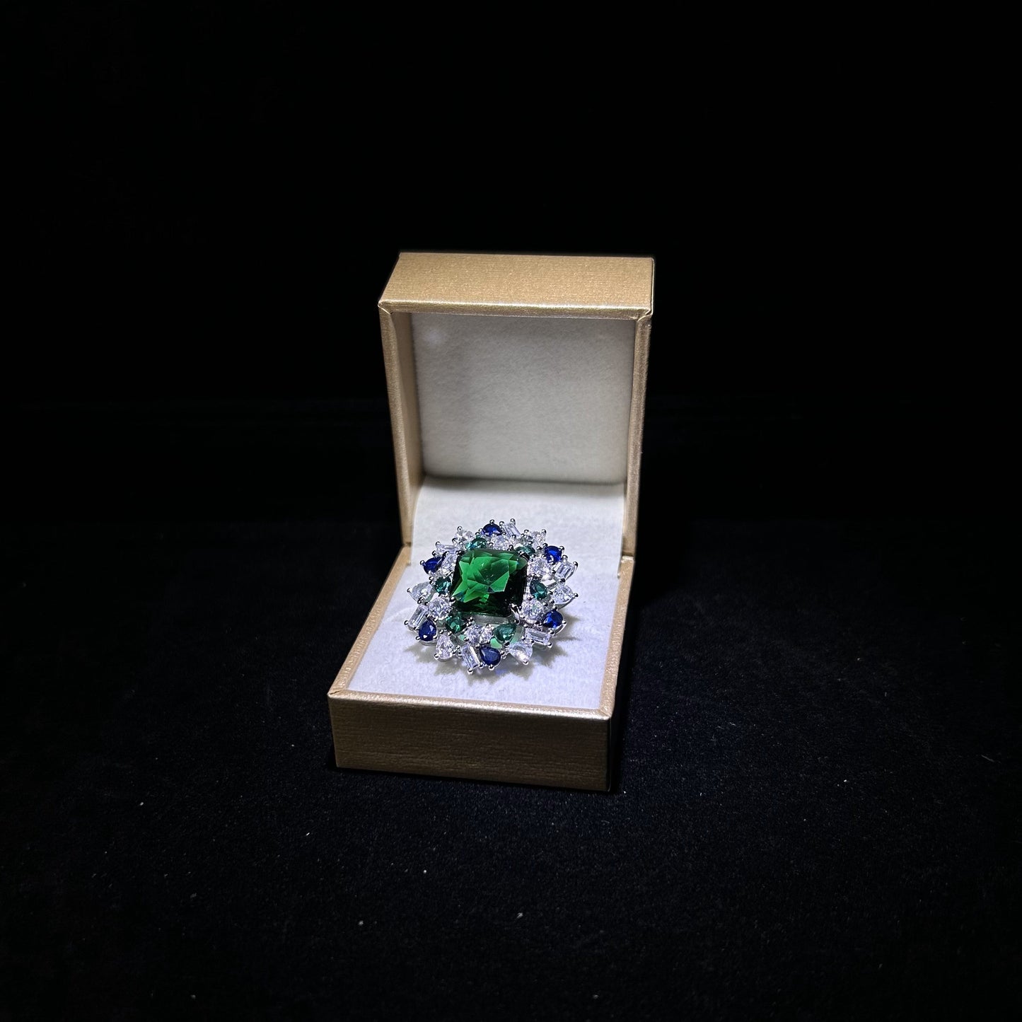 Emerald Green Flower with Blue Sapphire Petals Cubic Zirconia Silver Plated Adjustable Ring