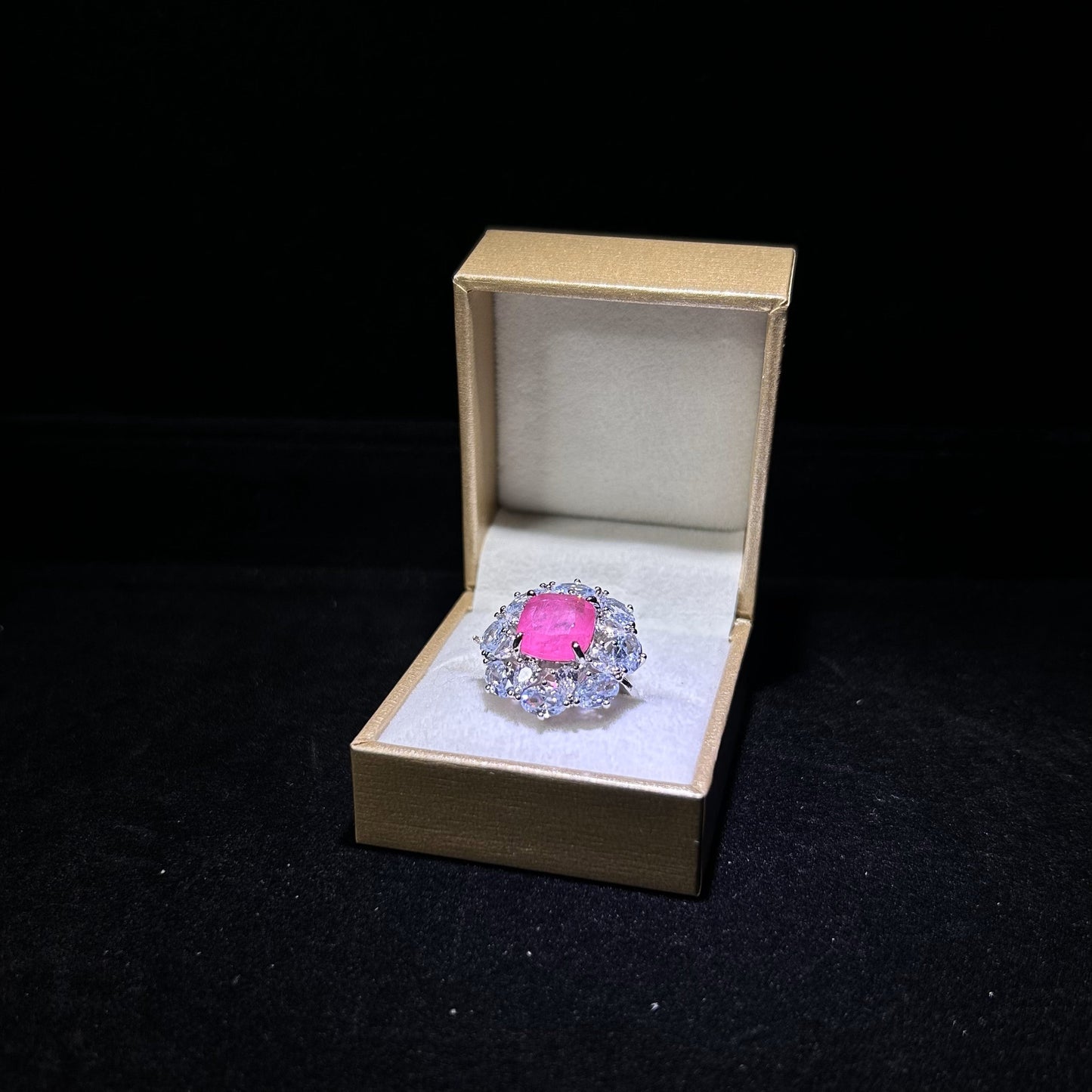 Luxury Daisy Flower Hot Pink Halo Cubic Zirconia Silver Plated Adjustable Ring