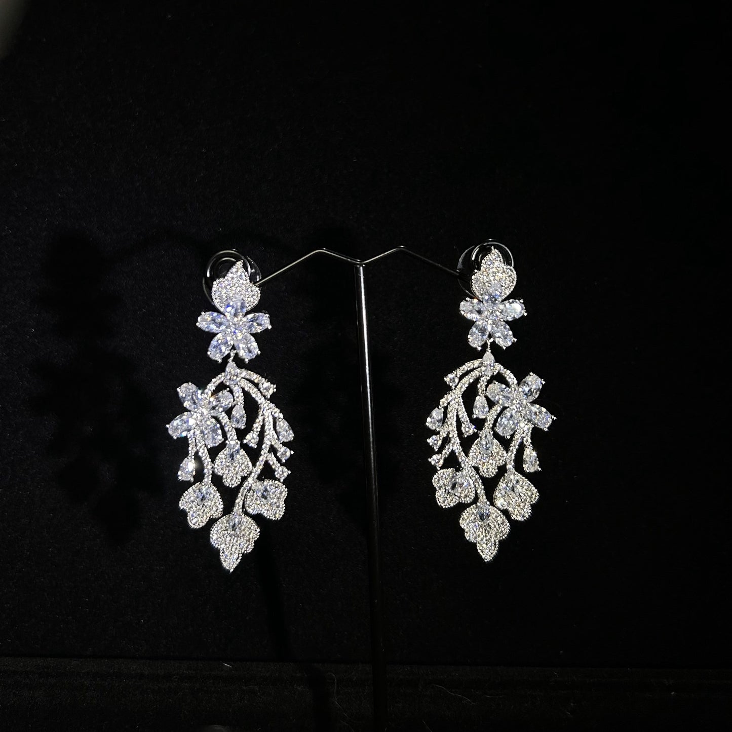 Luxury Floral Cubic Zirconia Silver Plated Drop Dangling Earring