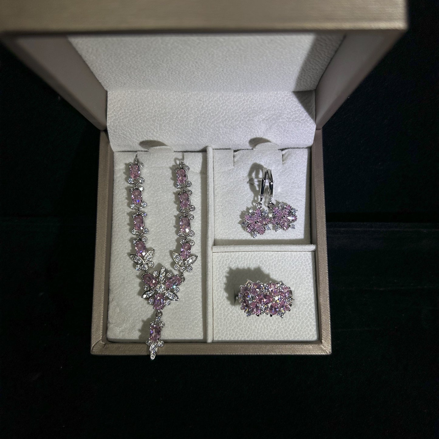 Luxury Pink Flowery Cubic Zirconia Silver Plated Set