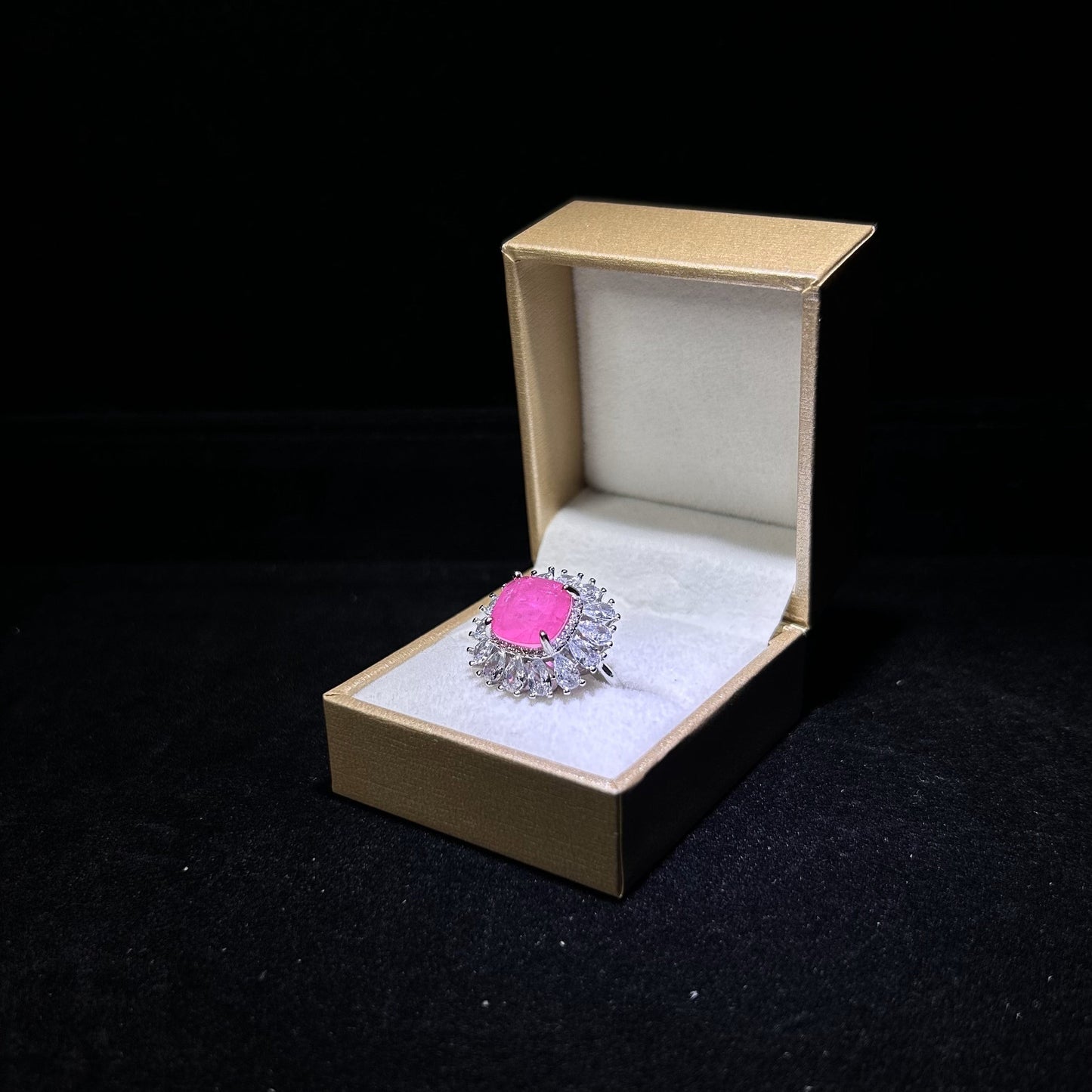 Luxury Sunflower Hot Pink Halo Cubic Zirconia Silver Plated Adjustable Ring