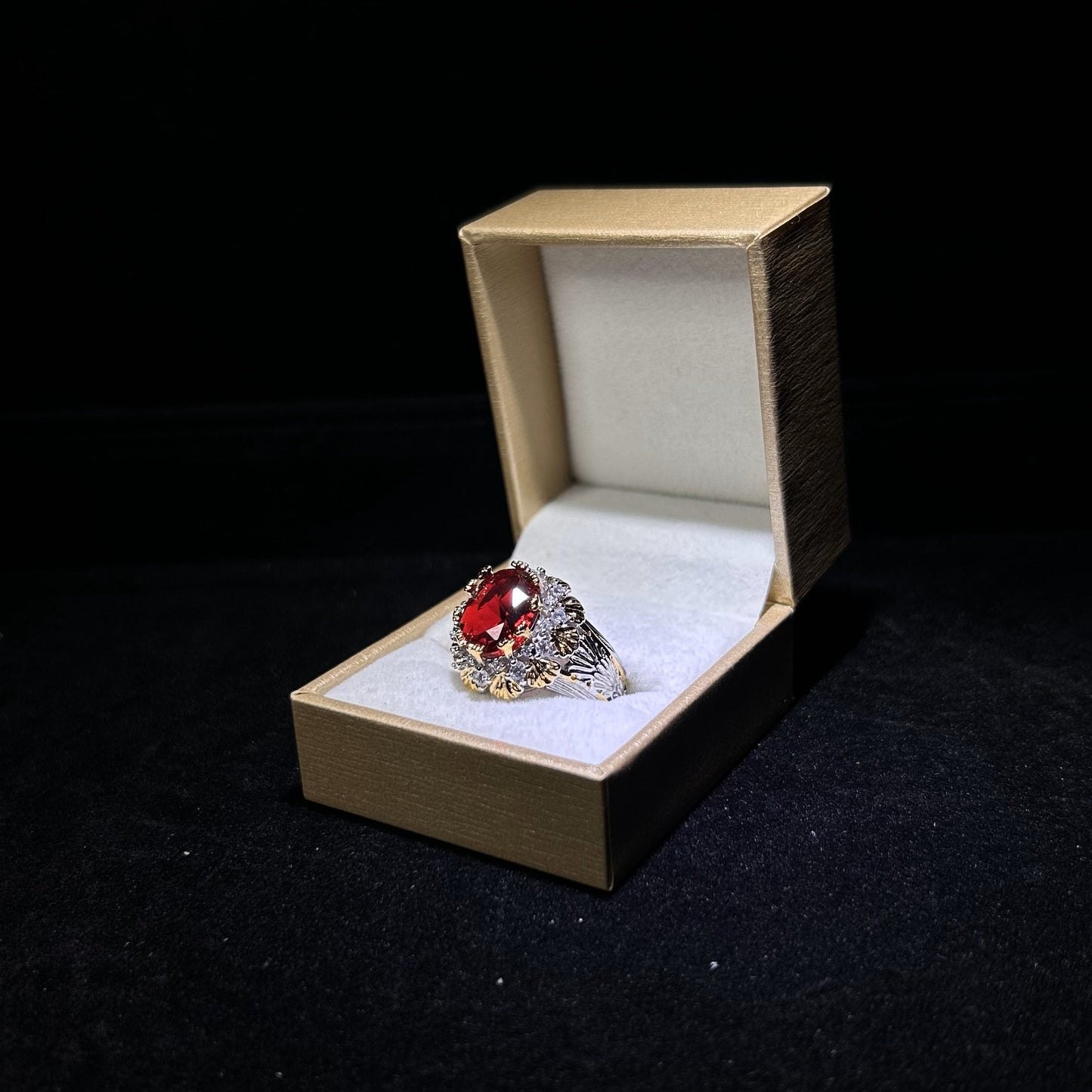 Luxury Red Flower Cubic Zirconia Silver Plated Adjustable Ring