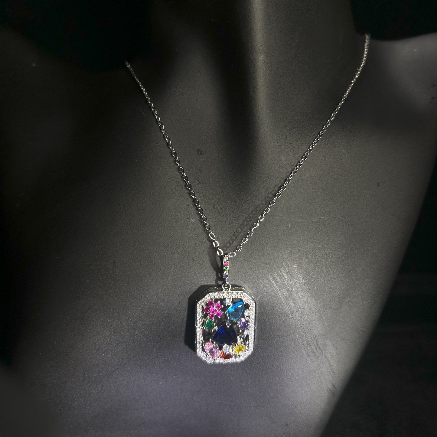 Multicolored Mixed Cubic Zirconia Silver Plated Adjustable Necklace