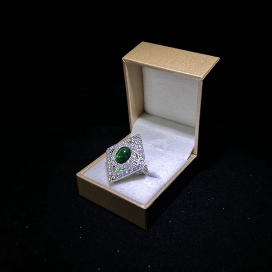 Oval Emerald Green Diamond Shaped Studded Cubic Zirconia Silver Plated Adjustable Ring