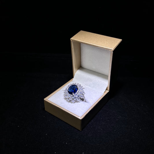 Oval Sapphire Blue Flower Halo Cubic Zirconia Silver Plated Adjustable Ring