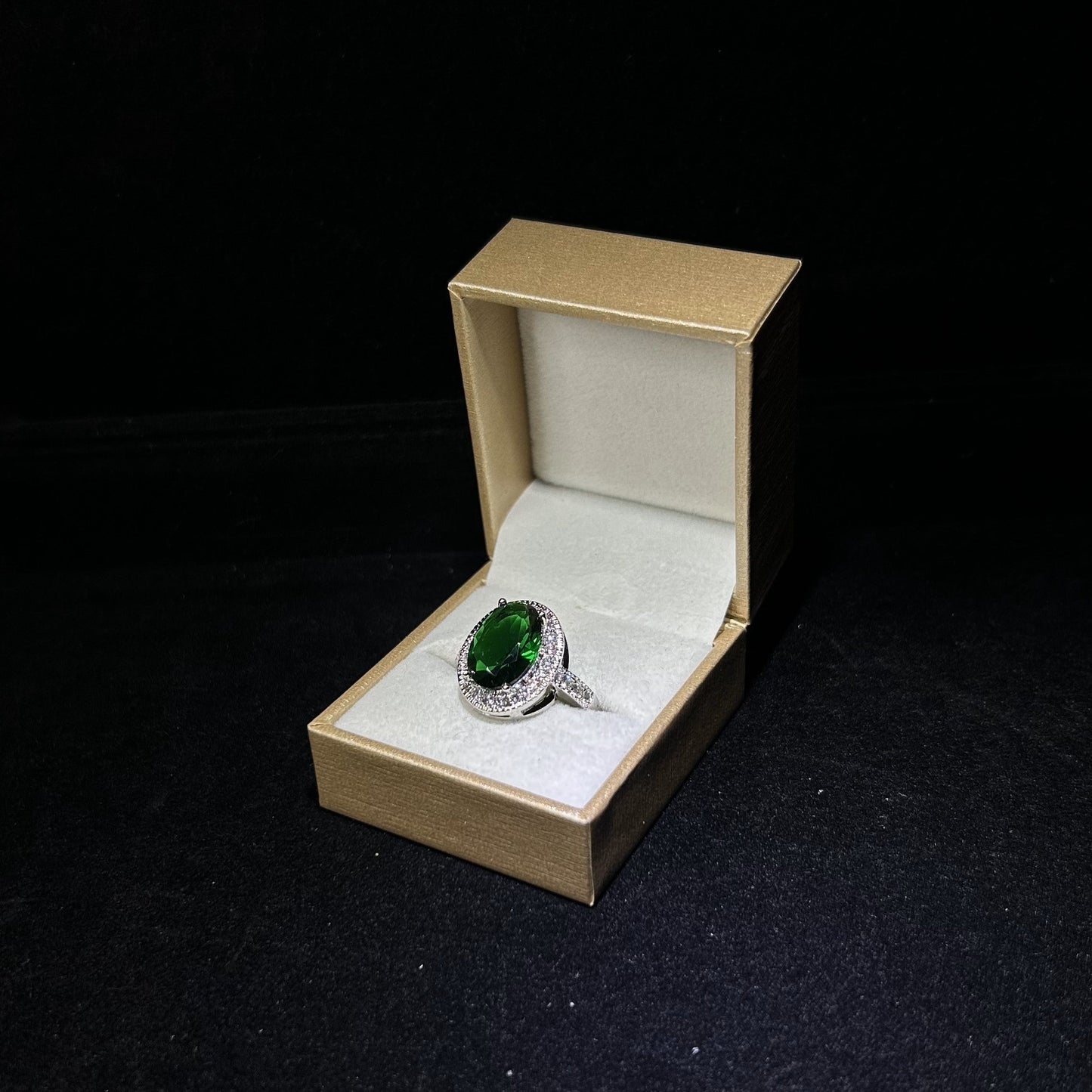 Oval Shaped Emerald Green Cubic Zirconia Silver Plated Adjustable Ring
