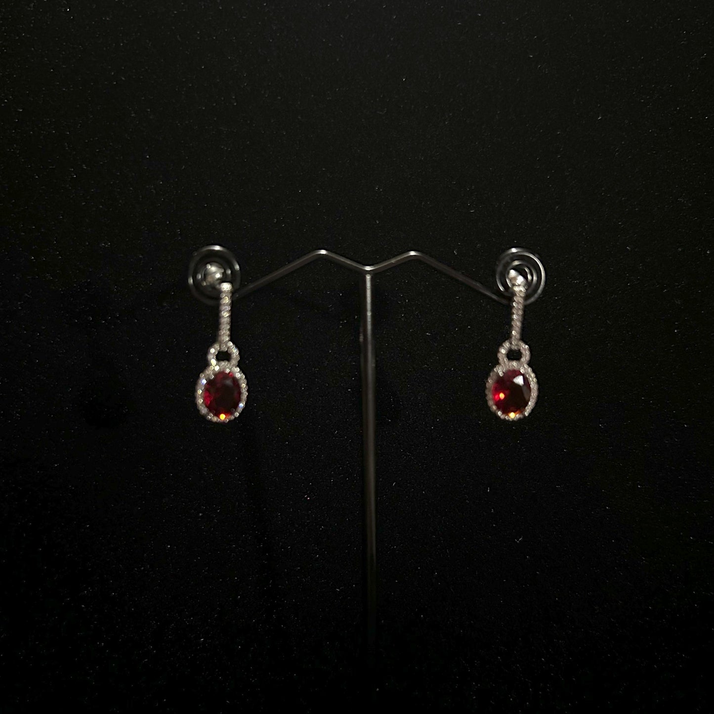 Ruby Red Oval Halo Silver Plated Stud Dangling Earring