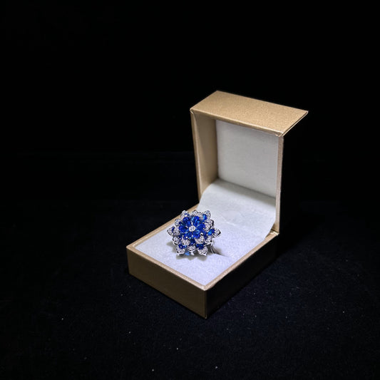 Sapphire Blue Flower Cubic Zirconia Silver Plated Adjustable Ring