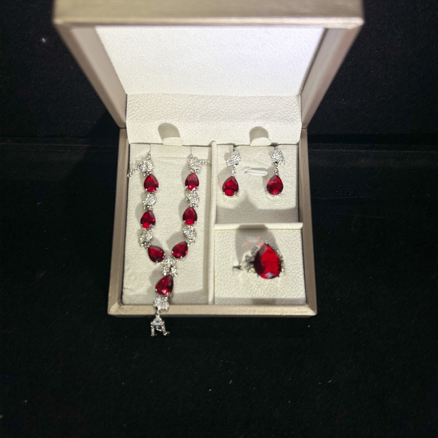 Sexy Ruby Red Pear Shaped Zirconia Silver Plated Set
