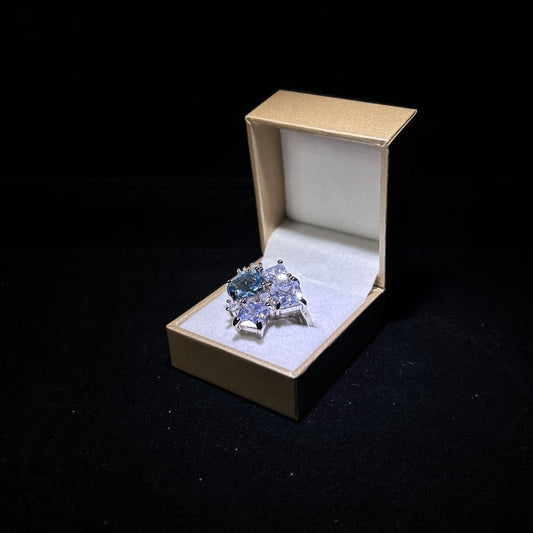 Sparkling Aquamarine Flower Abstract Cubic Zirconia Silver Plated Adjustable Ring