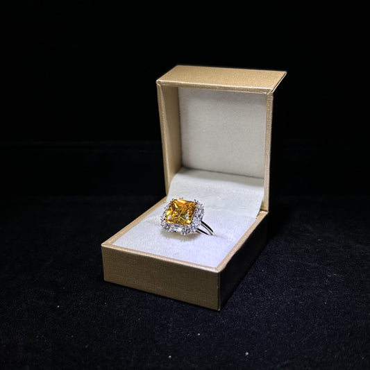 Sparkling Square Citrine Halo Cubic Zirconia Silver Plated Ring